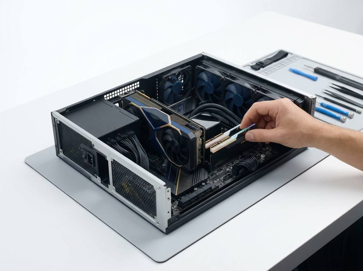 Technician repairing a desktop computer