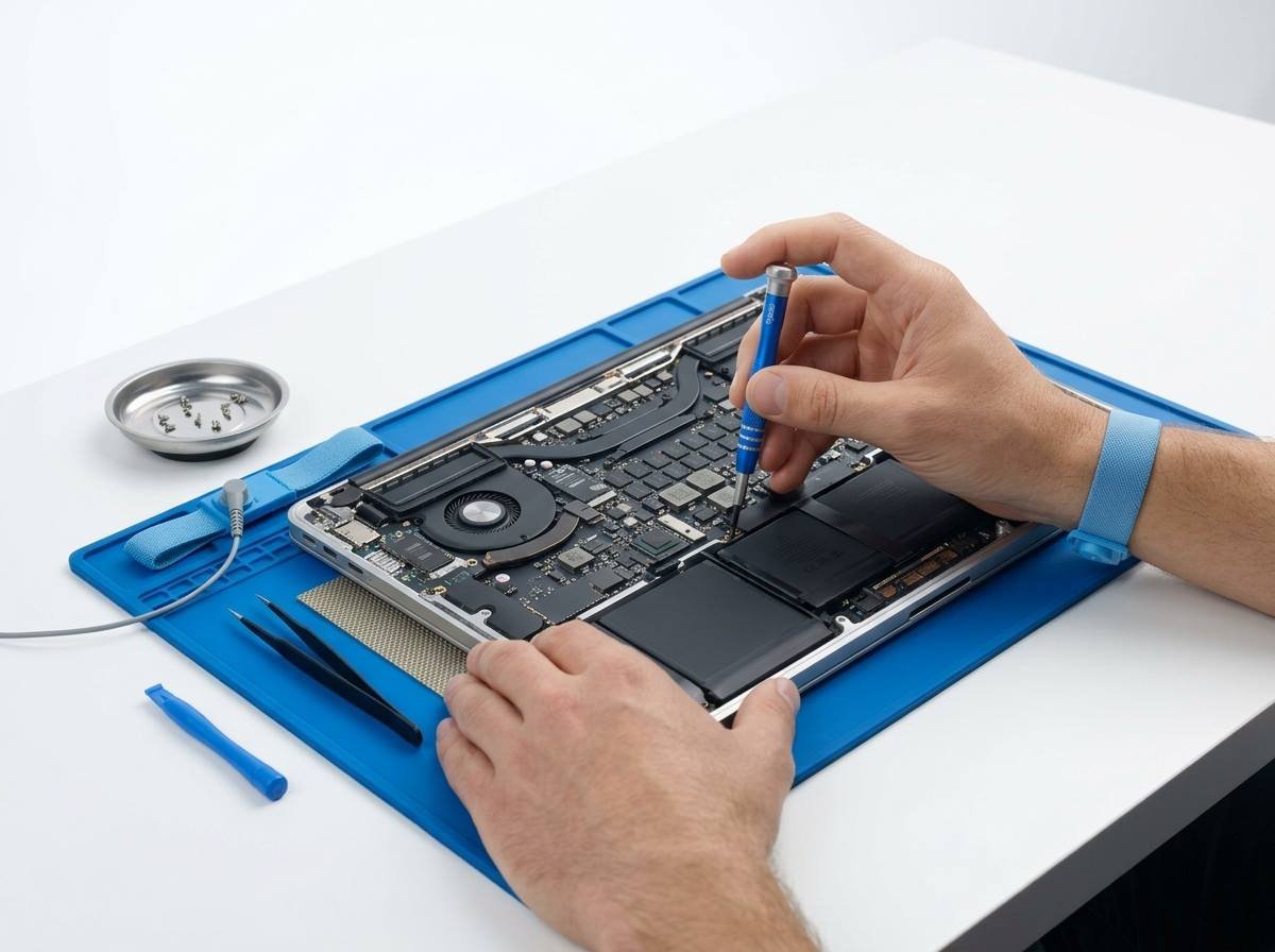 Technician repairing a laptop