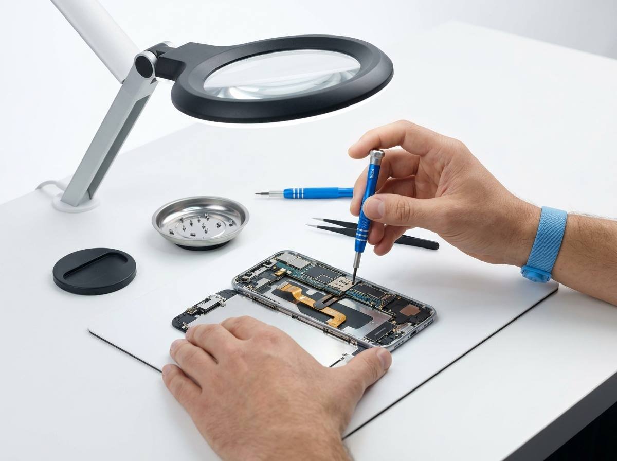 Technician repairing a smartphone screen